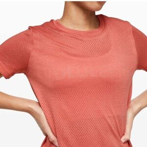 Lululemon Breeze By Short Sleeve Spell Out Vent Athletic Tee Rustic Coral 6